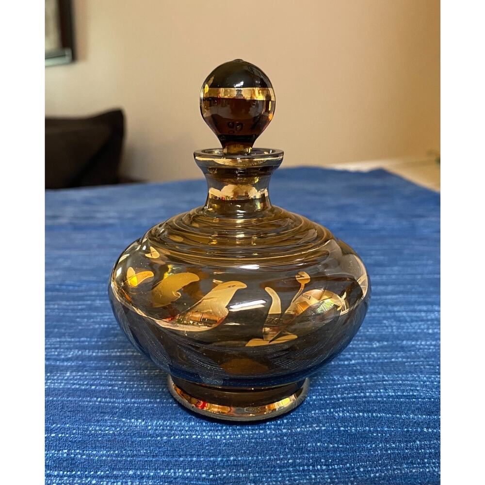 Vintage Glass Perfume Bottle Irice Czech. Brown Gold Gilt Stopper Vanity Decor